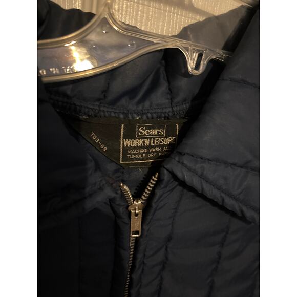 Vintage 70s Sears Zip Up Puffer Coat Blue Nylon Men’s Large 24x31 Fall Jacket - Picture 2 of 5